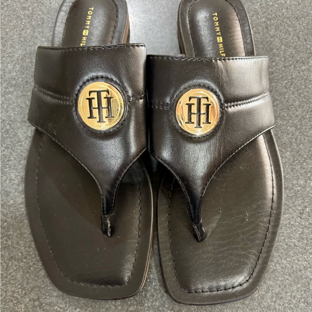 Tommy Hilfiger Black Leather Sandals with Gold Logo